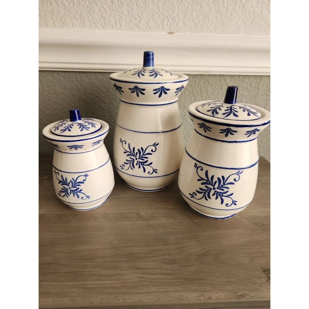 Royal Sealy Heritage Kitchen Canister Set+Lids 3 Pc 1950s Coffee Tea Sugar READ